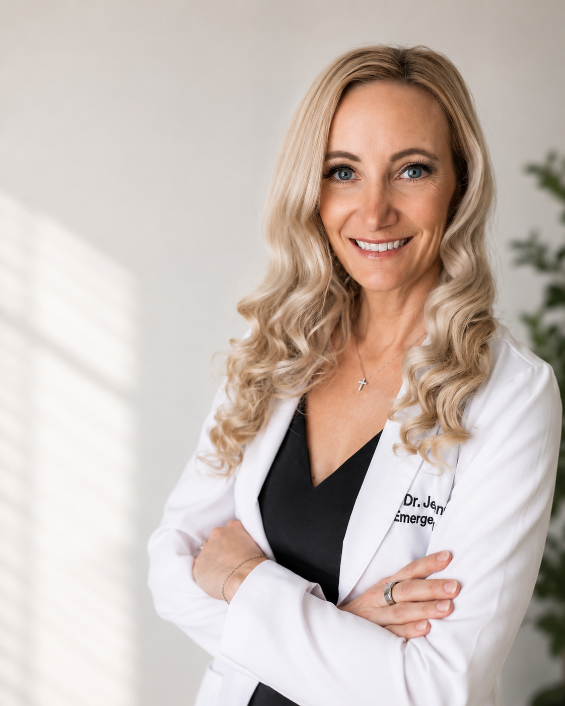 Dr. Jen Pfleghaar, DO, standing in a white physician coat